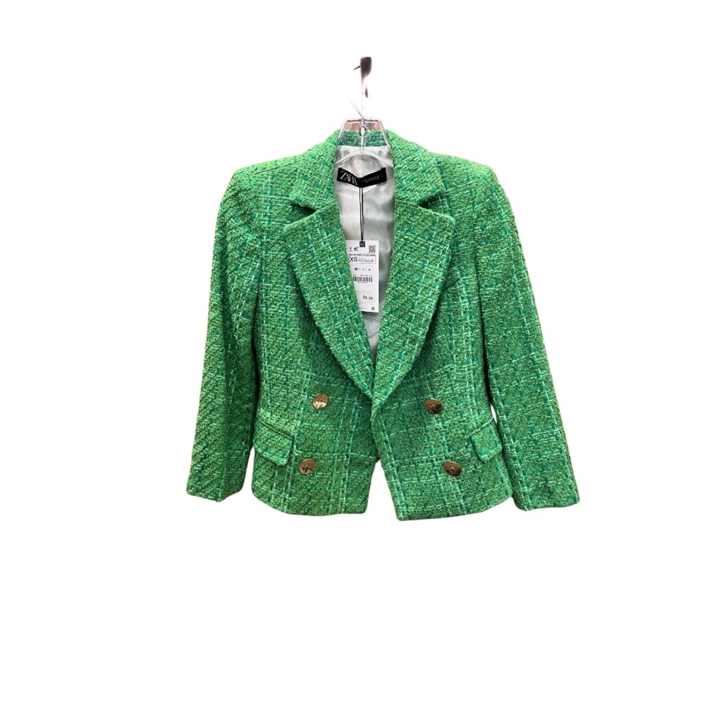 Zara Green Tweed Double-Breasted Blazer Size  XS